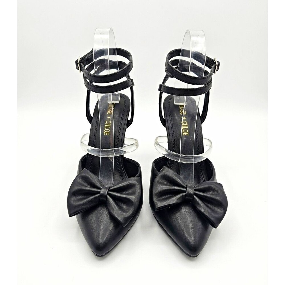 Chase + Chloe Women’s Leather Black Pointed Toe Ankle Strap Bow Stiletto US 7